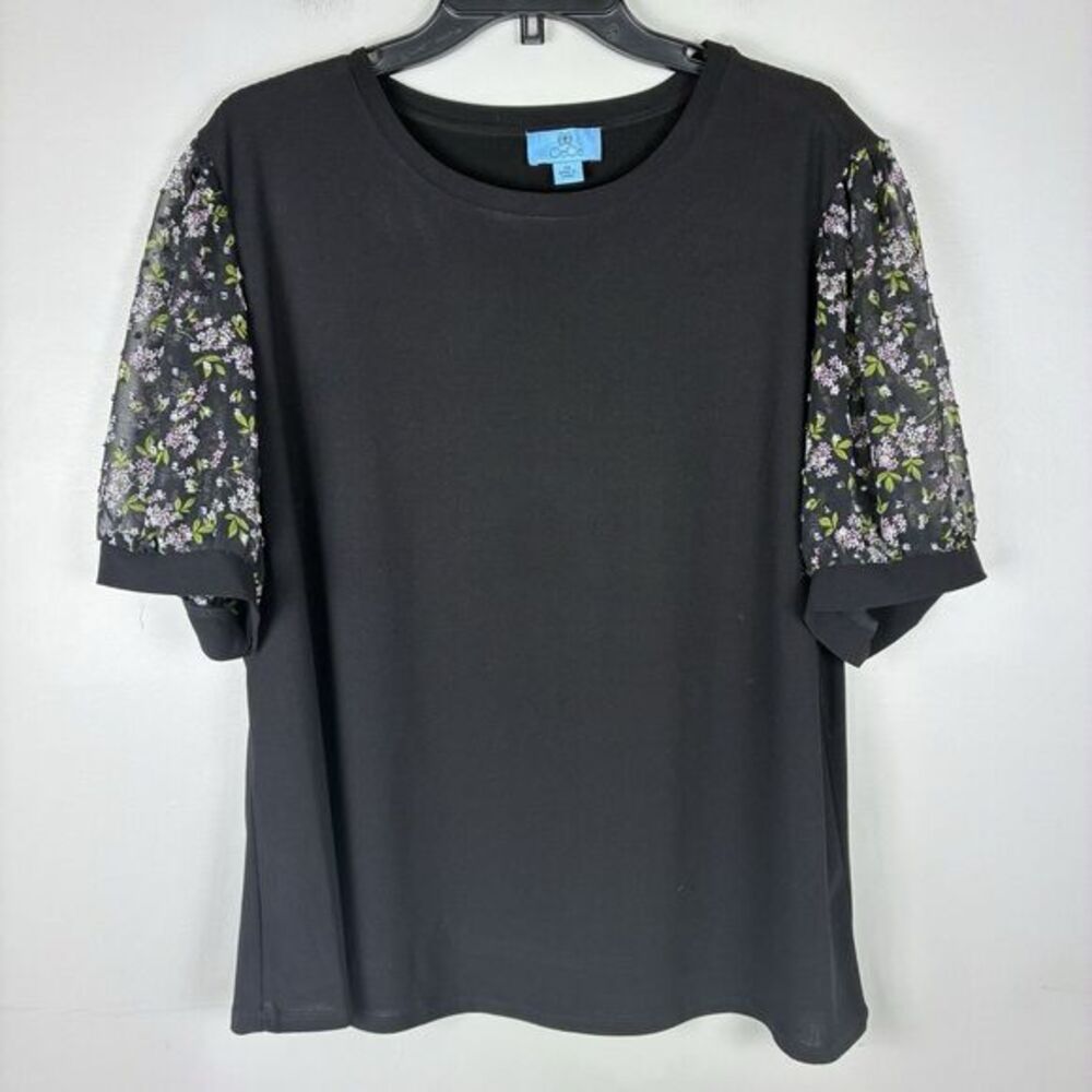 CeCe Swiss Dot Blouse Woman’s Sz 2X Plus Black Short Sleeve Coquette Romantic‎